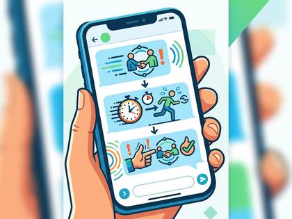 スマートフォン画面に交渉から合意、進捗を示すイラストチャット。