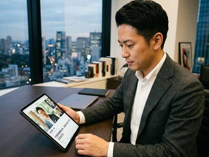 都会のオフィスでタブレットを見るビジネスマン。