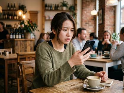 カフェでスマホを見て不安そうな表情の女性