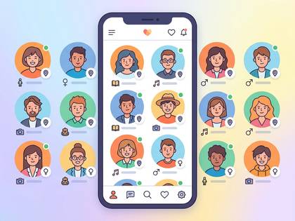 スマートフォンに表示された、様々な人々のプロフィールアイコン。