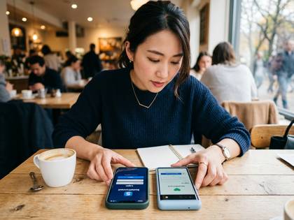 カフェで女性が2台のスマートフォンを見比べながら、ログインやアプリを操作しています。