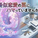 疑似恋愛の理想の世界と、割れたスマホのある現実の日常を対比したイラスト。