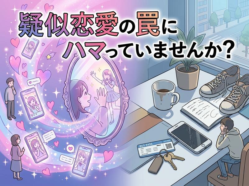 疑似恋愛の理想の世界と、割れたスマホのある現実の日常を対比したイラスト。