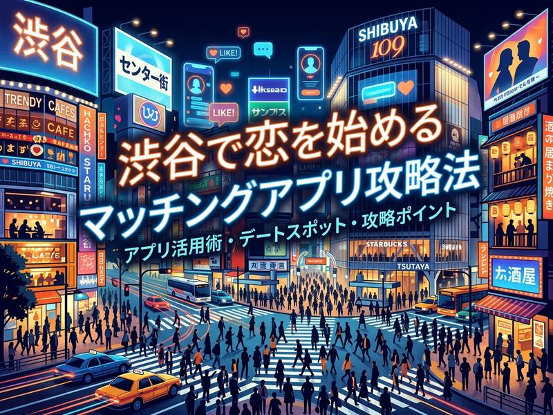 渋谷の夜景を背景に「渋谷で恋を始めるマッチングアプリ攻略法」の文字が書かれたイラスト。