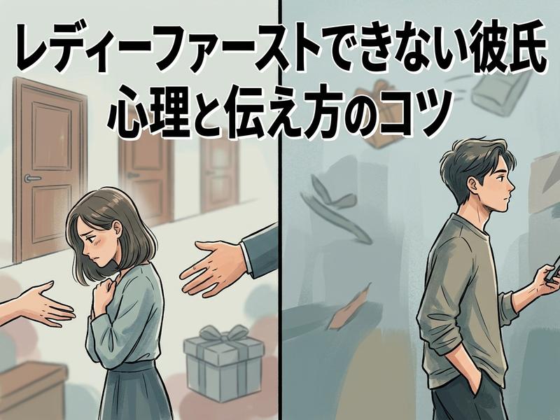「レディーファーストできない彼氏 心理と伝え方のコツ」を表すイラスト。