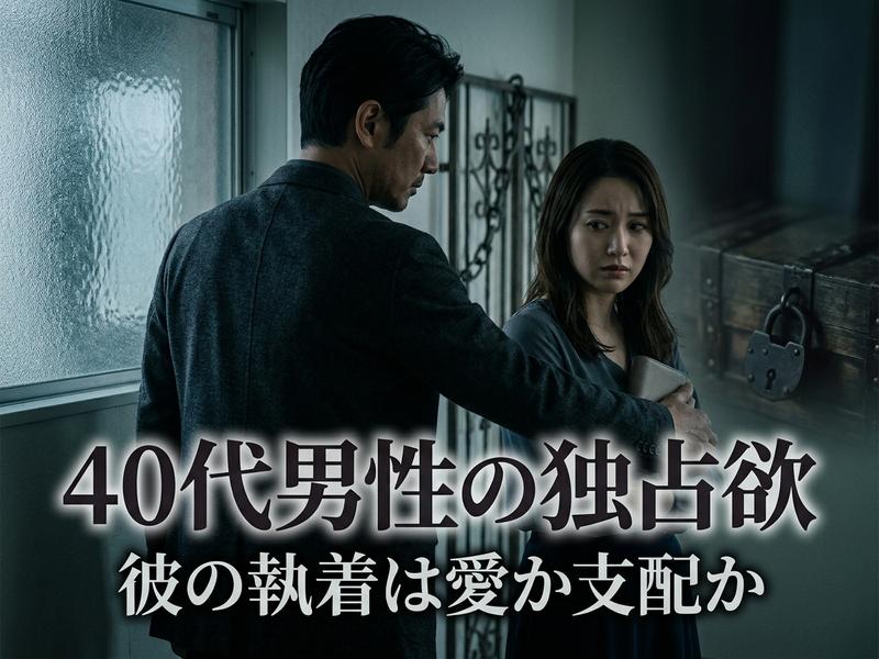 40代男性の独占欲をテーマにした画像。不安げな女性に手を置く男性。