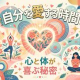 自分を愛する時間、心と体が喜ぶ秘密。ヨガやリラックスをする女性たちのイラスト。