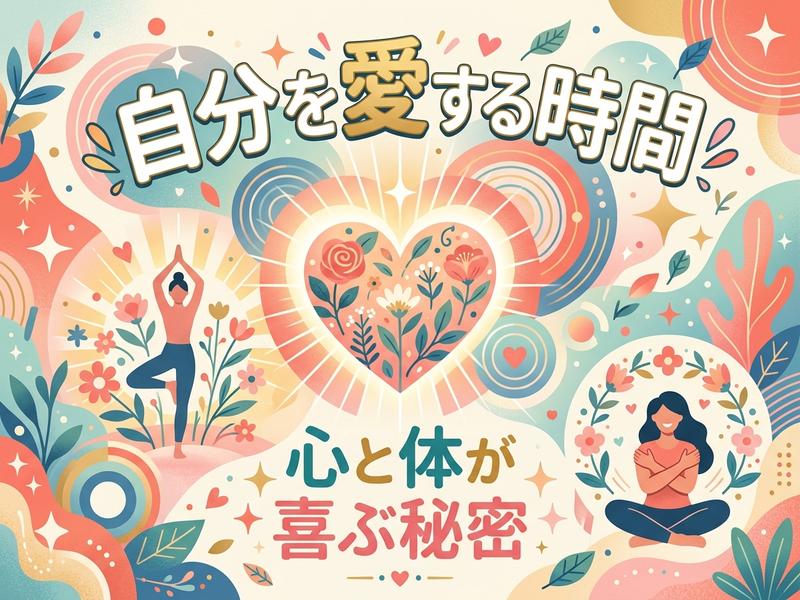 自分を愛する時間、心と体が喜ぶ秘密。ヨガやリラックスをする女性たちのイラスト。