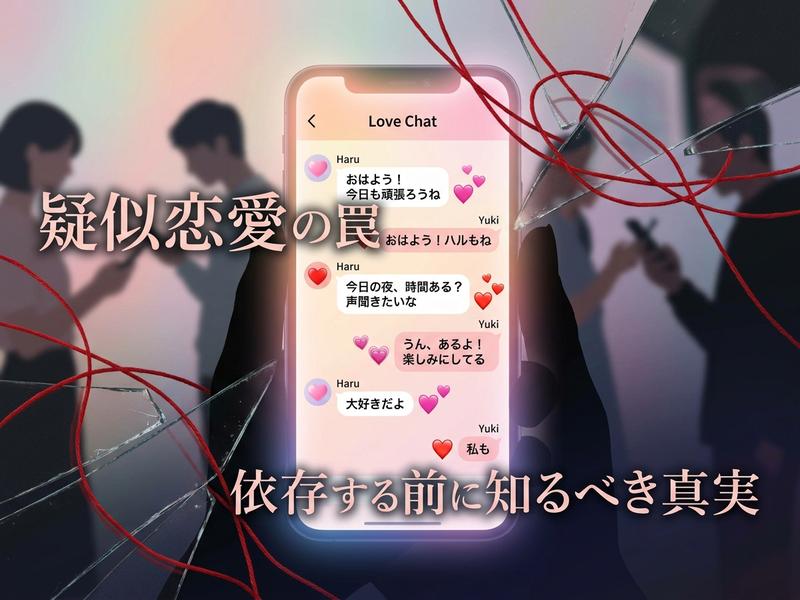 疑似恋愛チャット画面がひび割れ、赤い糸が絡む。依存の罠を警告。