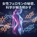 女性フェロモンの科学的解明をテーマに、光る女性シルエットと分子構造を描いた画像。