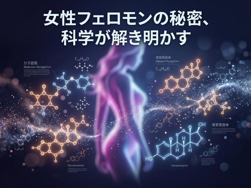 女性フェロモンの科学的解明をテーマに、光る女性シルエットと分子構造を描いた画像。