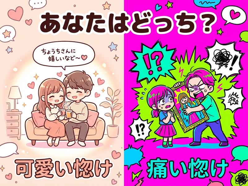 「可愛い惚気」と「痛い惚気」を対比するカップルのイラスト。