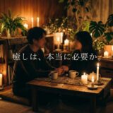 キャンドルと植物に囲まれ、手をつなぐ男女。「癒しは、本当に必要か。」の文字。
