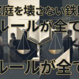 「家庭を壊さない鉄則:ルールが全て」の文字と、天秤、本、人々。