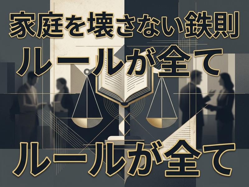 「家庭を壊さない鉄則：ルールが全て」の文字と、天秤、本、人々。