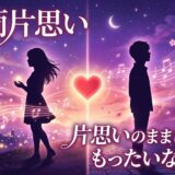男女のシルエットが中央のハートで繋がり、音符と星が輝くロマンチックなイラスト。