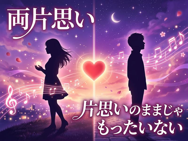 男女のシルエットが中央のハートで繋がり、音符と星が輝くロマンチックなイラスト。