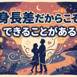 身長差カップルが夜景で向き合うイラスト。「身長差だからこそできることがある」と書かれている。