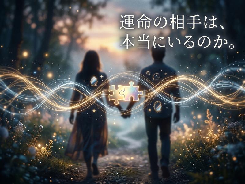 運命の相手を問う言葉と、光とパズルで繋がる男女の幻想的な情景。