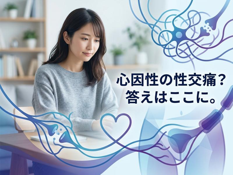 「心因性の性交痛？」の文字と、考え込む女性、神経のイラスト。