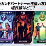 セカンドパートナー、不倫、友達の境界線や関係性の違いを説明する図。