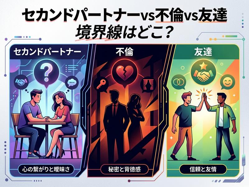 セカンドパートナー、不倫、友達の境界線や関係性の違いを説明する図。