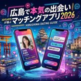 広島の風景を背景に、マッチングアプリのスマホ画面が描かれたイラスト。
