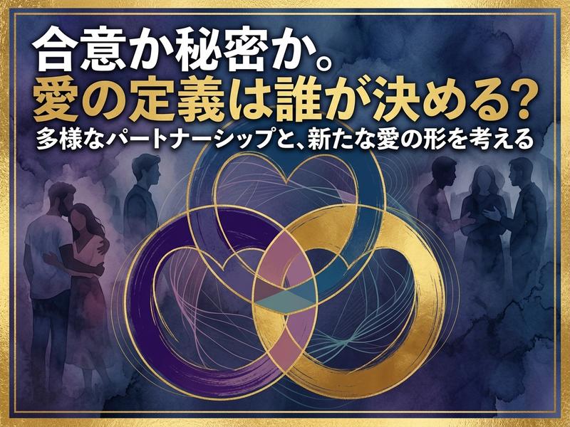 多様な愛と関係性を表すイラスト。複数の人物と絡み合う幾何学模様。