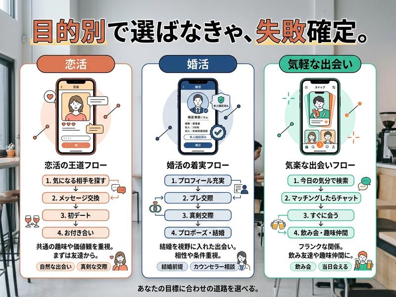 恋活・婚活・気軽な出会いの目的別フロー比較図
