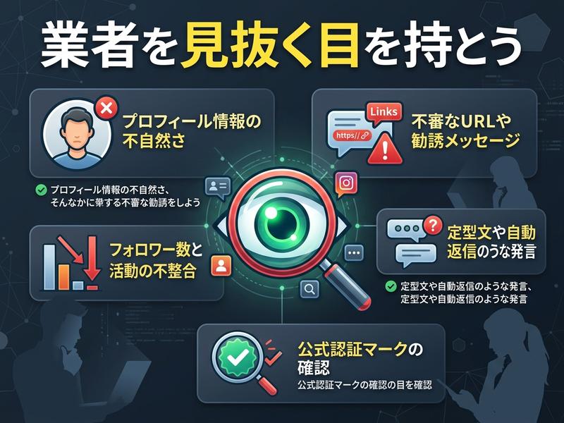 怪しい業者を見抜くためのポイントを解説する図。