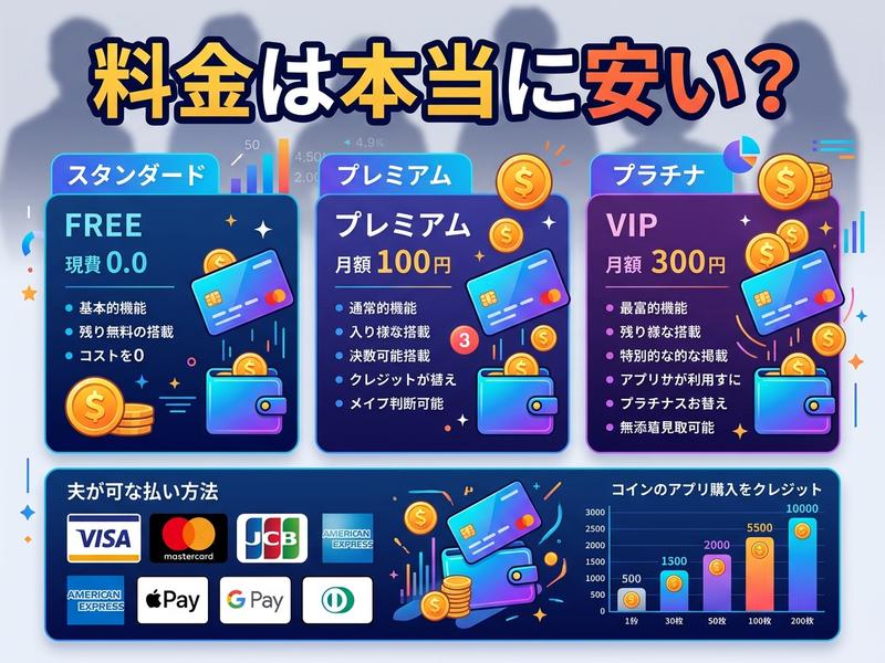 アプリの料金プラン（無料、プレミアム他）、支払い方法、コイン購入。