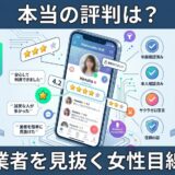 ユーザーの評判と女性目線で業者を見抜くアプリ画面のイラスト。