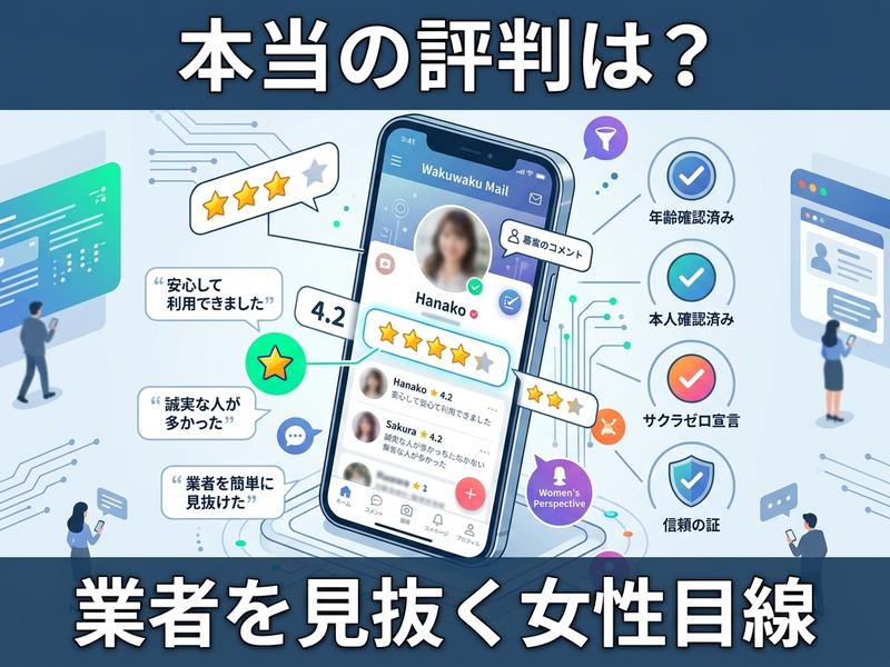 ユーザーの評判と女性目線で業者を見抜くアプリ画面のイラスト。