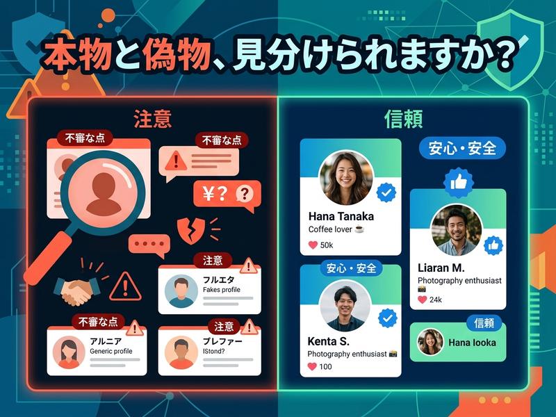オンラインで本物と偽物のプロフィールを比較。信頼できる情報と危険な情報を示唆。