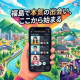 福島を舞台にしたマッチングアプリ。真剣な出会いを表現するイラスト。