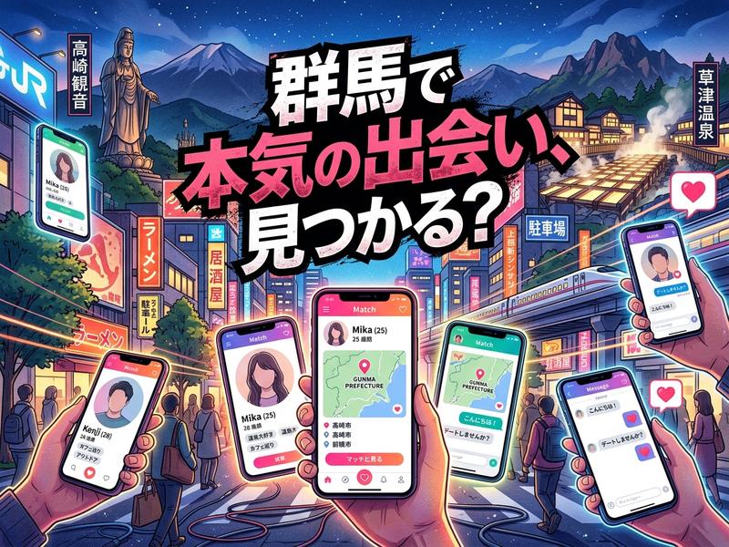 群馬県でマッチングアプリを利用する人々。高崎観音や温泉街が背景。