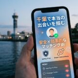 千葉ポートタワーを背景に、マッチングアプリのスマホを持つ手。 (38文字)