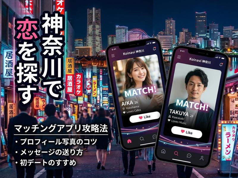 神奈川の夜景を背景に、恋を探すマッチングアプリの画面。