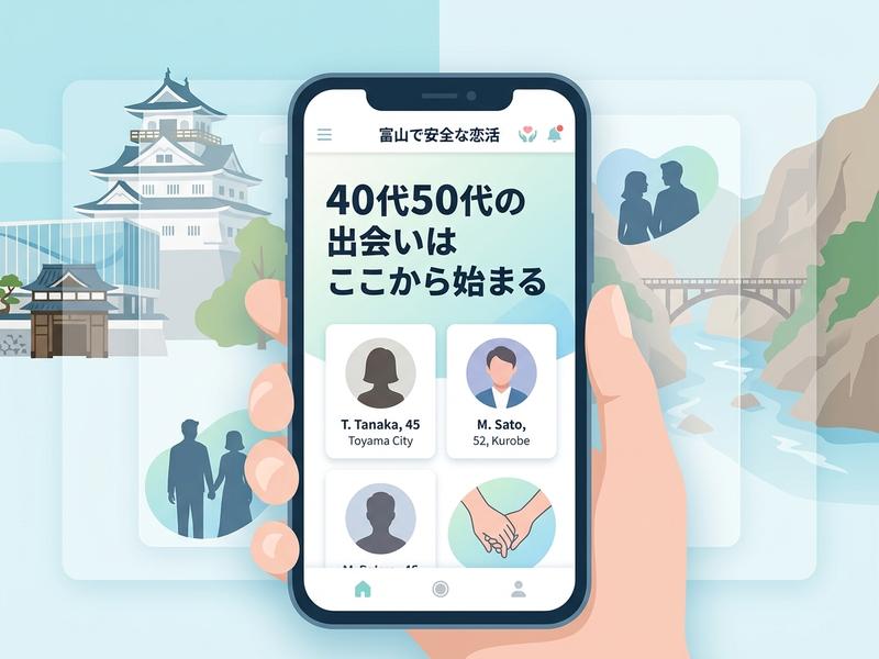 富山での恋活を促すマッチングアプリの画面を持つ手と、富山城や自然の風景のイラスト。