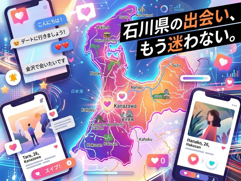 石川県の地図と出会い系アプリの利用イメージ。