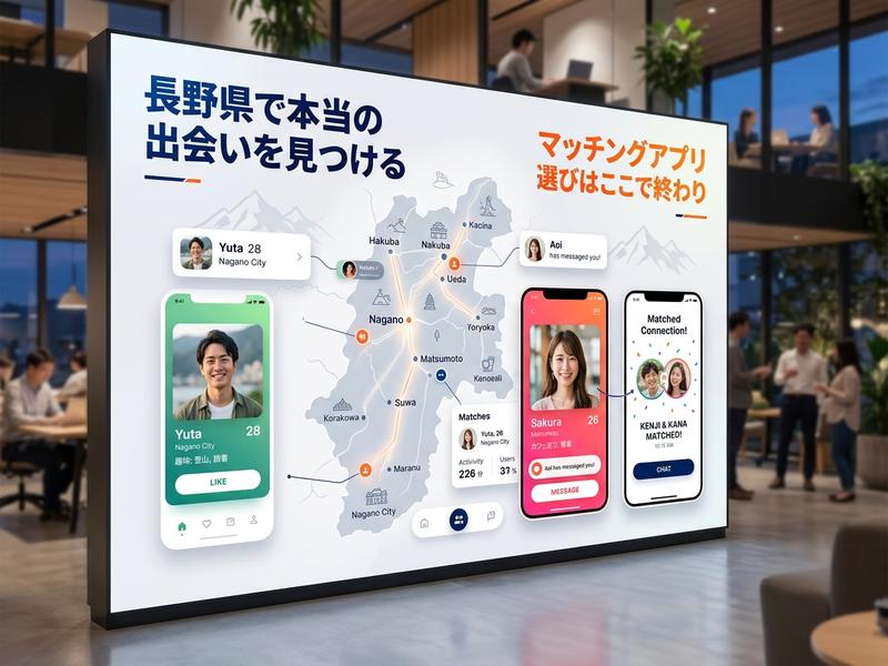 長野県での出会いを提案するマッチングアプリのデジタルサイネージ。