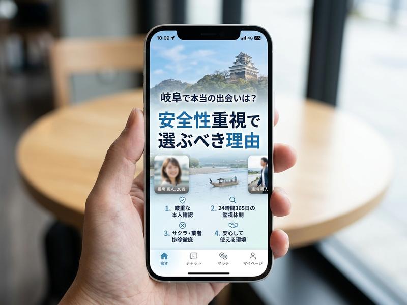 岐阜城が映るスマホ画面で安全性重視のマッチングアプリを説明する手。