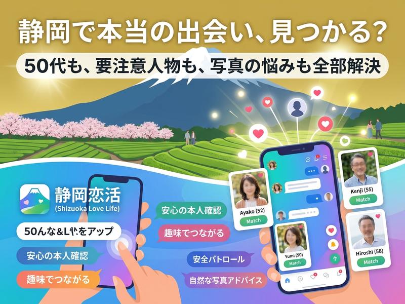 静岡の風景を背景に、安心・安全なマッチングアプリ「静岡恋活」で出会いを見つける人々。