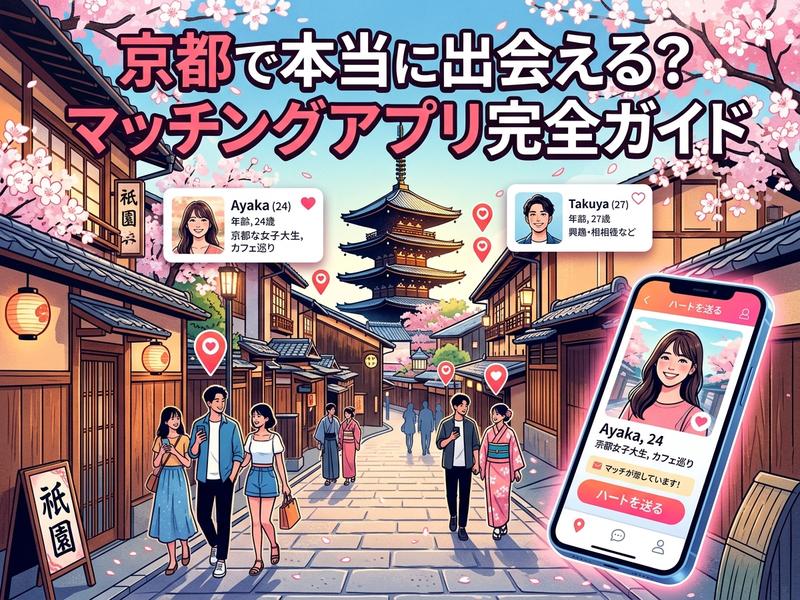 桜咲く京都を舞台にしたマッチングアプリのイメージ画像。