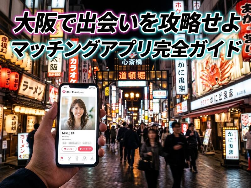 大阪道頓堀の夜景を背景に、マッチングアプリの女性プロフィールが表示されたスマホを持つ手。出会い。