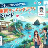 三重県のマッチングアプリで出会ったカップルが観光地を巡るイラスト。