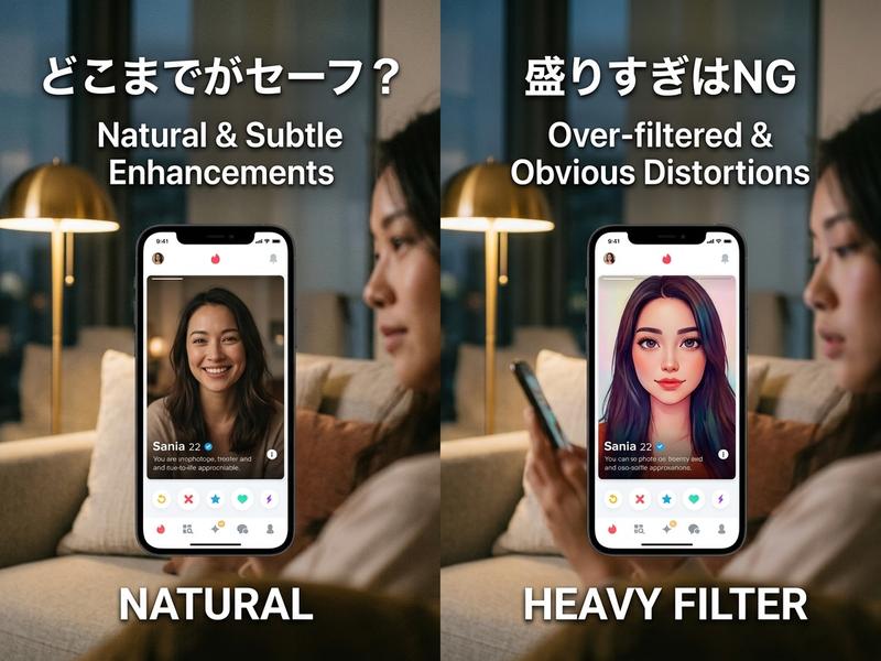 マッチングアプリの自然な写真と盛りすぎ加工の比較。