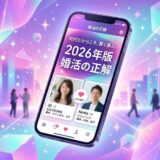きらめく未来的な背景で、婚活アプリを表示するスマートフォン。