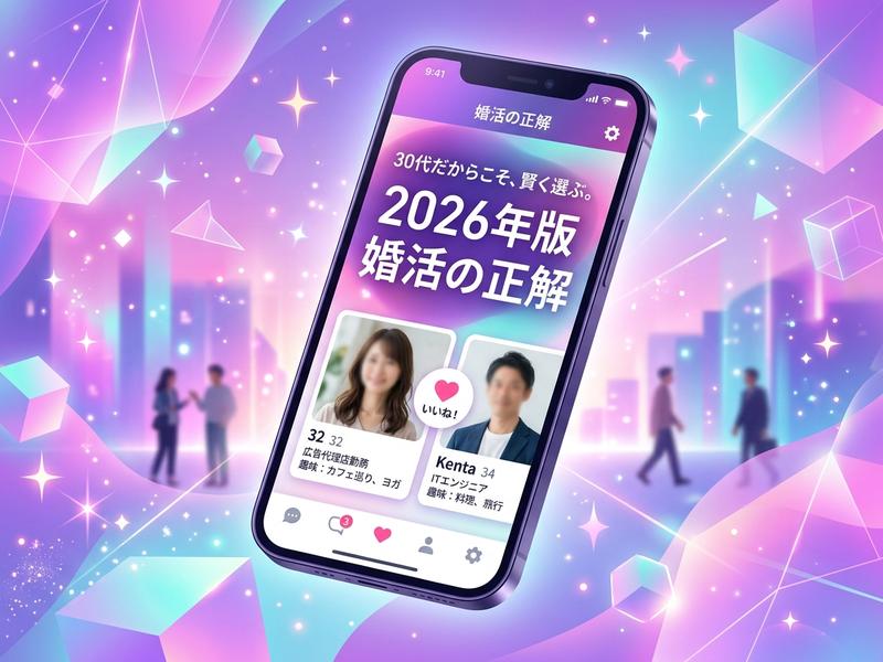きらめく未来的な背景で、婚活アプリを表示するスマートフォン。