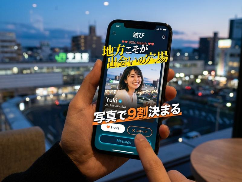 夜景を背景に、地方での出会いを謳うマッチングアプリを操作する手。